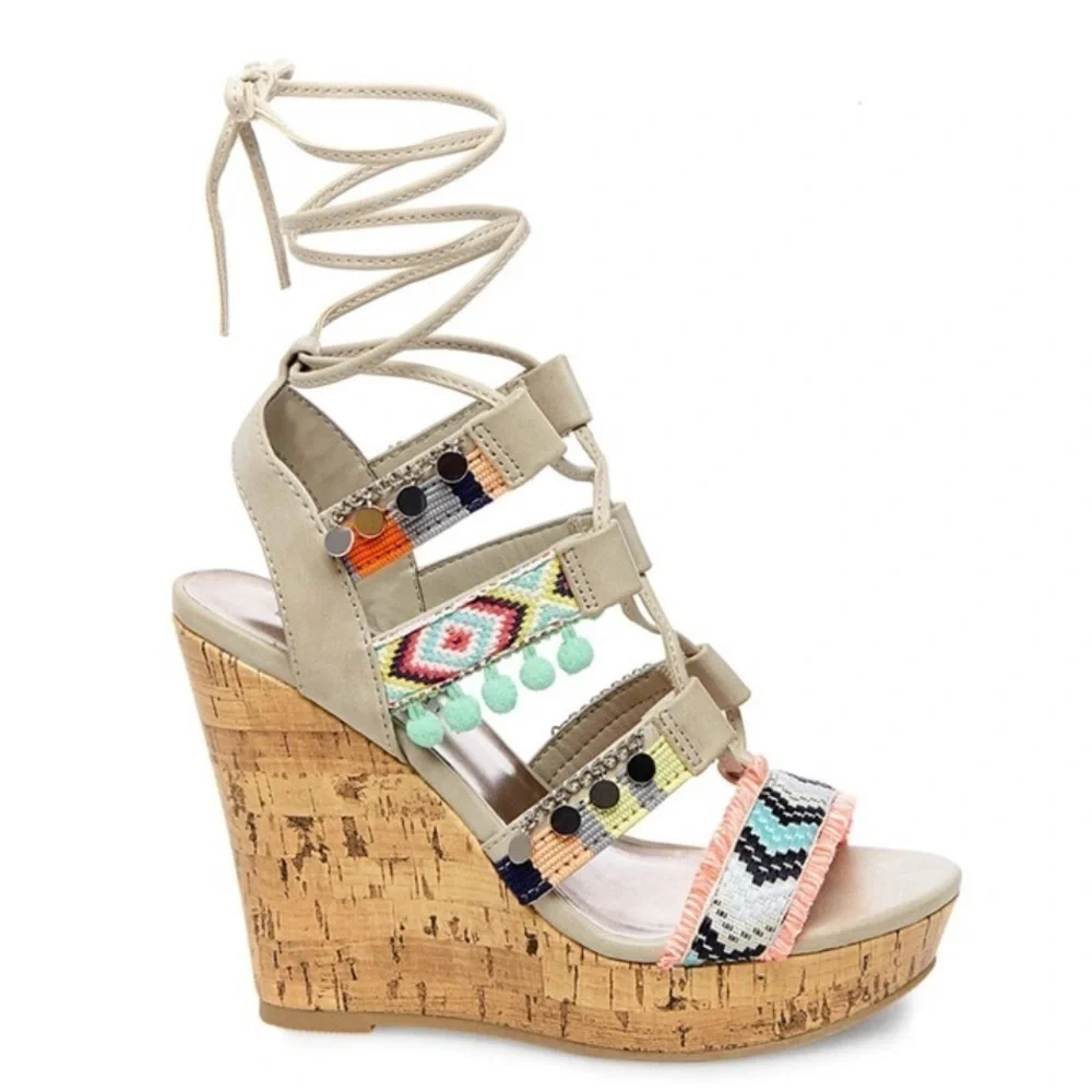 Madden Girl Indie Colorful Strappy Pom Pom Cork Wedge Sandals